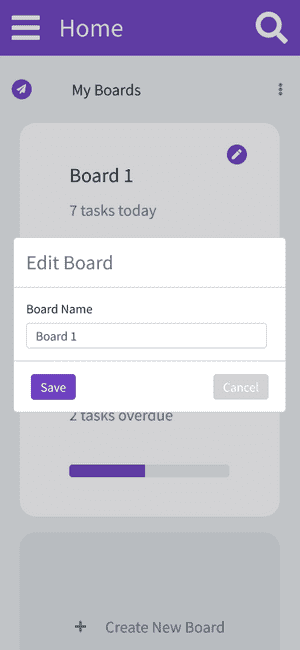 Screen of Home Page of Kanban Application viewed on Mobile, as user edits board title