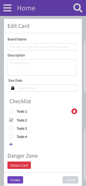 Screen of Kanban Page of Kanban Application viewed on Mobile, as user edits a card